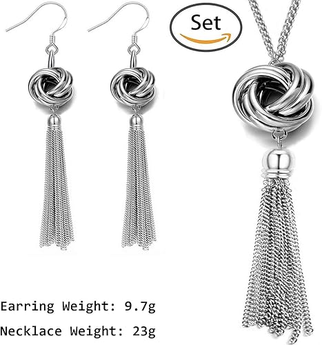 Vista 5 de Collar largo con borla plateado, diseño de nudo con borla, cadena de serpiente para mujer