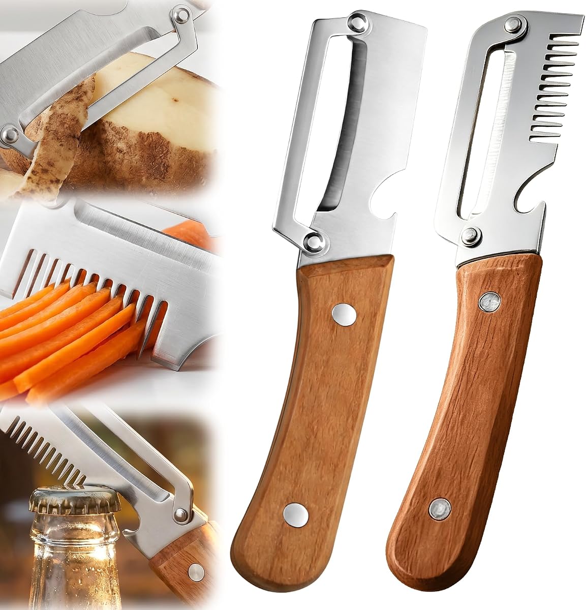2026 Upgrade Juego de pelador de verduras y pelador en juliana, peladores de verduras de acero inoxidable para cocina con mangos de madera y abridor de botellas, juego de pelador de verduras multifuncional de 2 piezas