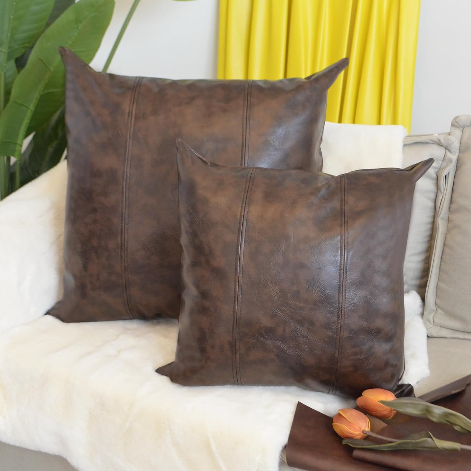 Faux Leather Throw Pillow Cover 22X22 Set of 2 Inch Outdoor Modern Farmhouse Solid Decorative Pillow Covers for Room Couch Living Bedroom Bed Sofa
