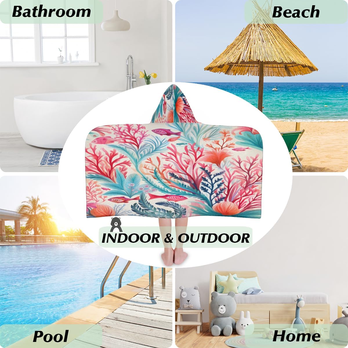Pardick Kids Bath Towel Coral Plant Beach Towel with Hood Pool Cover Up for Girls Boys Soft Absorbent Hooded Bath Towel Toddler Towels for Beach, Pool