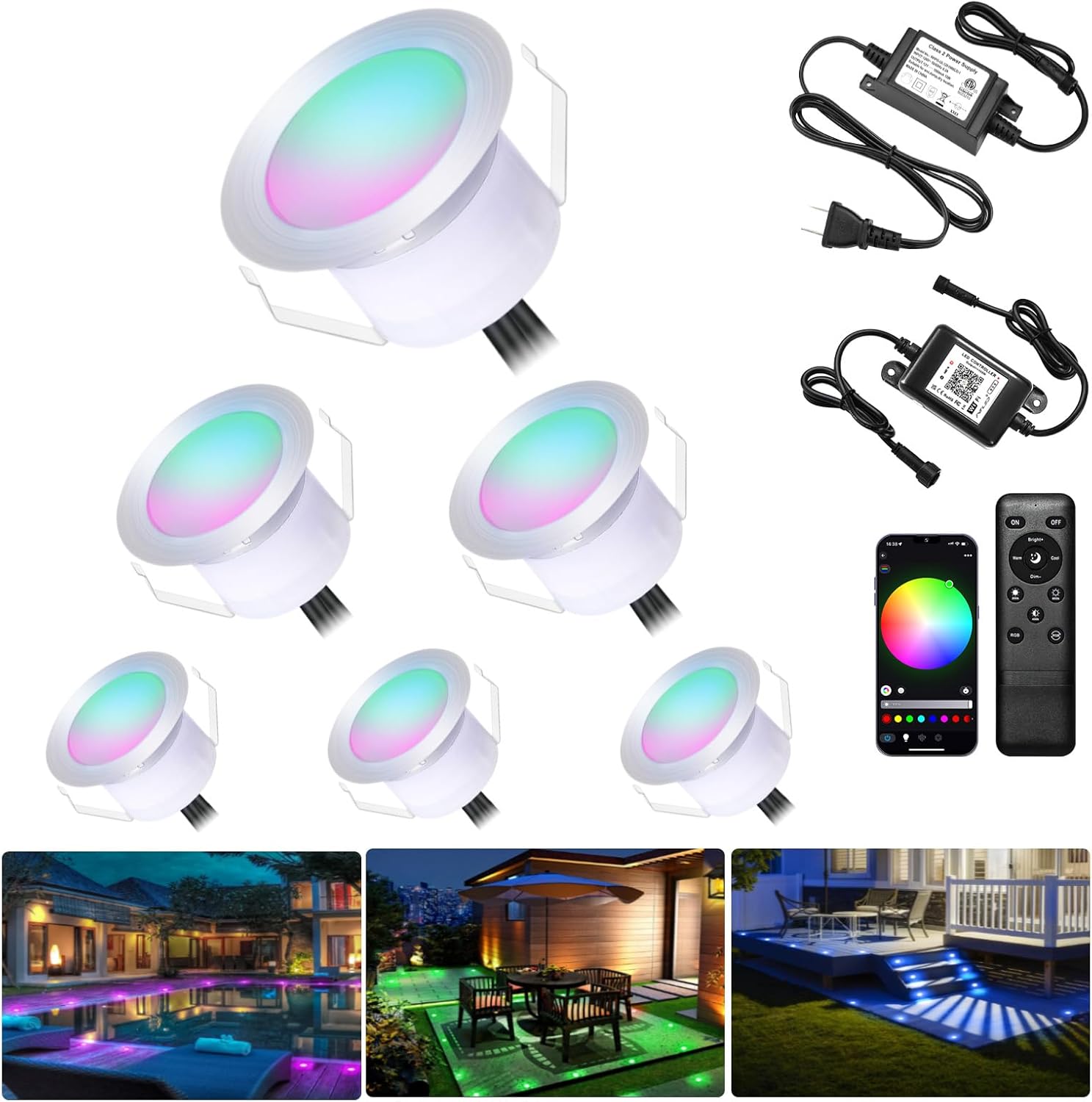 INDARUN RGB Deck Lighting φ1.22 Deck Lights Outdoor Waterproof, 12V Low Voltage Deck Lights with Remote, Smart Deck Stair Step Light Work with Google Alexa, Landscape Lighting for Floor Pathway Patio