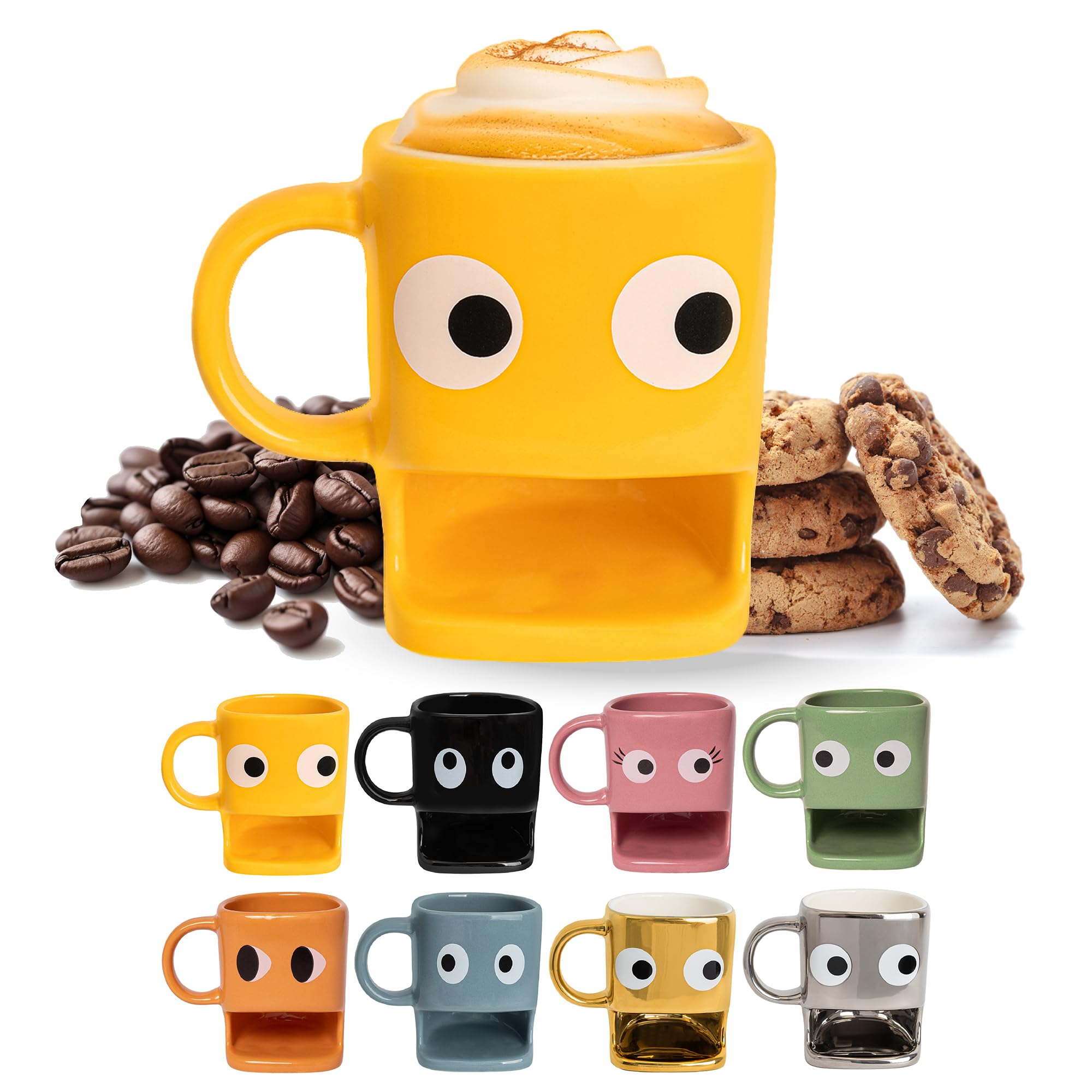 Fisura - Original Coffee Mugs with Biscuit Compartment, Yellow Ceramic Tea Mug with Stylish Design, Cappuccino Coffee Caps, Latte, hot Chocolate caps, Capacity 240ml