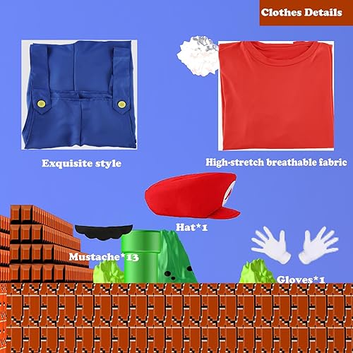 Vista 4 de Vermeyen Traje de fontanero para adultosniños con sombrero, guantes de bigote, accesorio para disfraz de Halloween o cosplay