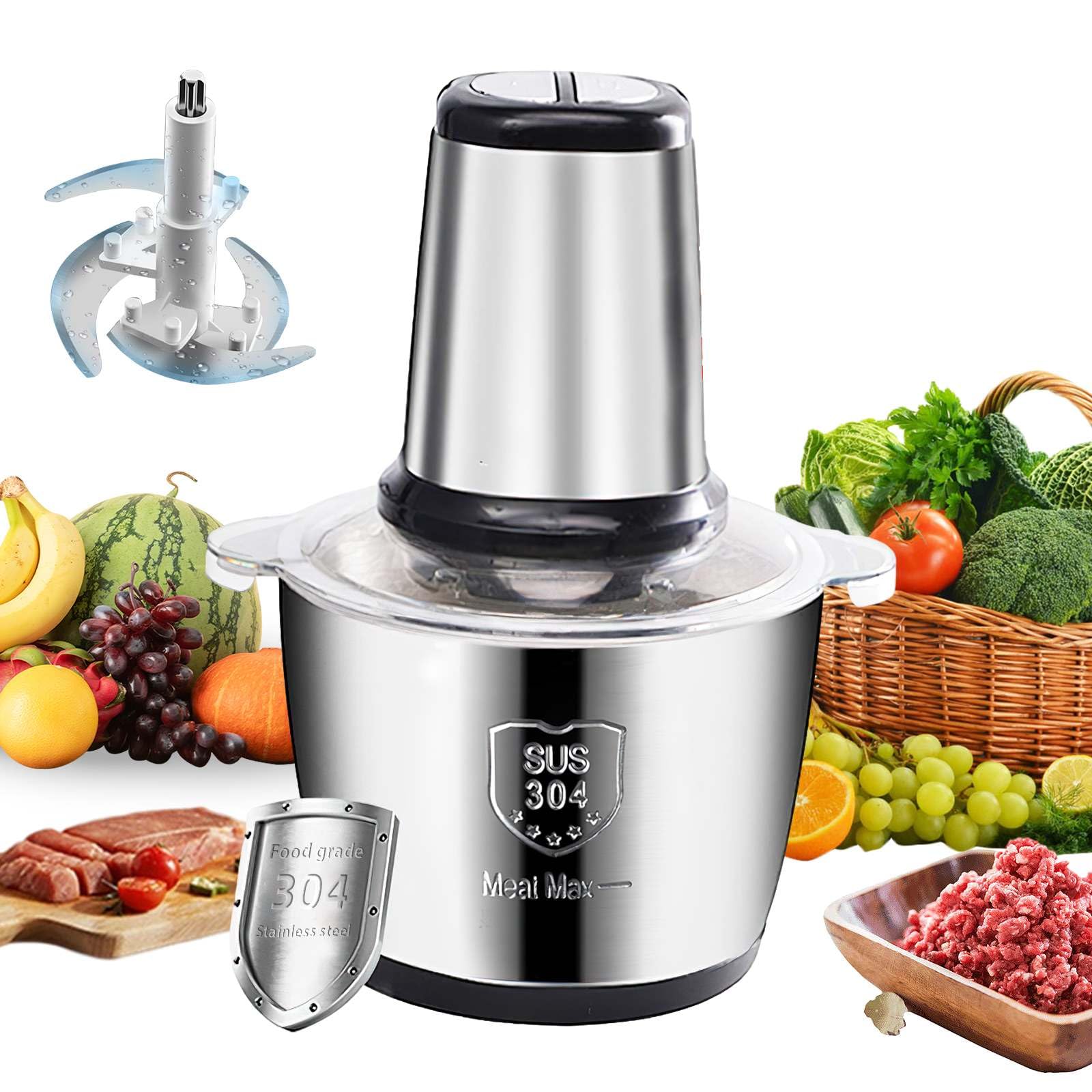 Tritatutto Elettrico OUSFOT 2L Con Ciotola In Vetro, 500W, 2 Velocità – Sminuzza Verdure, Carne, Frutta, Aglio – Facile Da Pulire E Antiscivolo