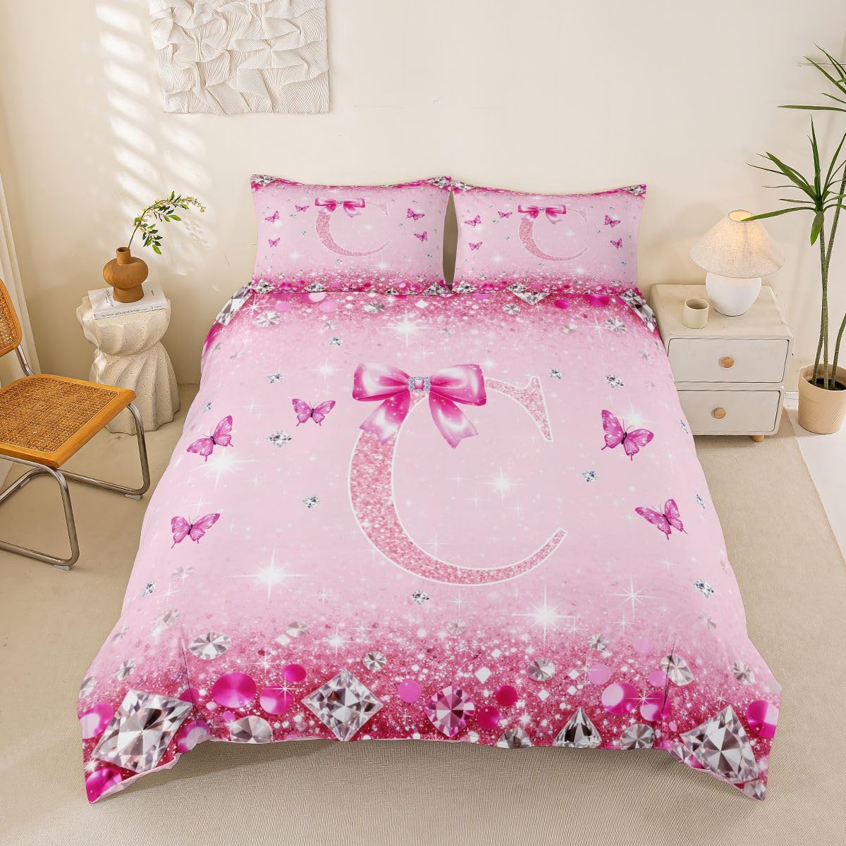 Parure de lit personnalisée lettre C et housse de couette 200x200 rose