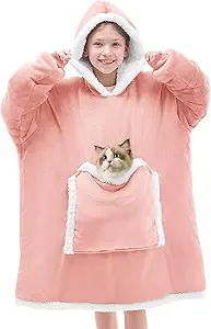 JOYWOO Pink Kids Wearable Blanket Hoodie,Oversized Cat lovers Hoodie Blanket for kids & Teens,Birthday Gifts for Girl Boys,Warm Cozy Fuzzy Sherpa Fleece Blankets with Giant Pocket Gifts,Mellow Rose