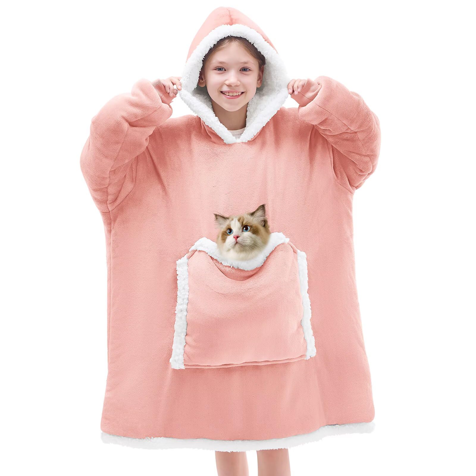 JOYWOO Pink Kids Wearable Blanket Hoodie,Oversized Cat lovers Hoodie Blanket for kids & Teens,Birthday Gifts for Girl Boys,Warm Cozy Fuzzy Sherpa Fleece Blankets with Giant Pocket Gifts,Mellow Rose