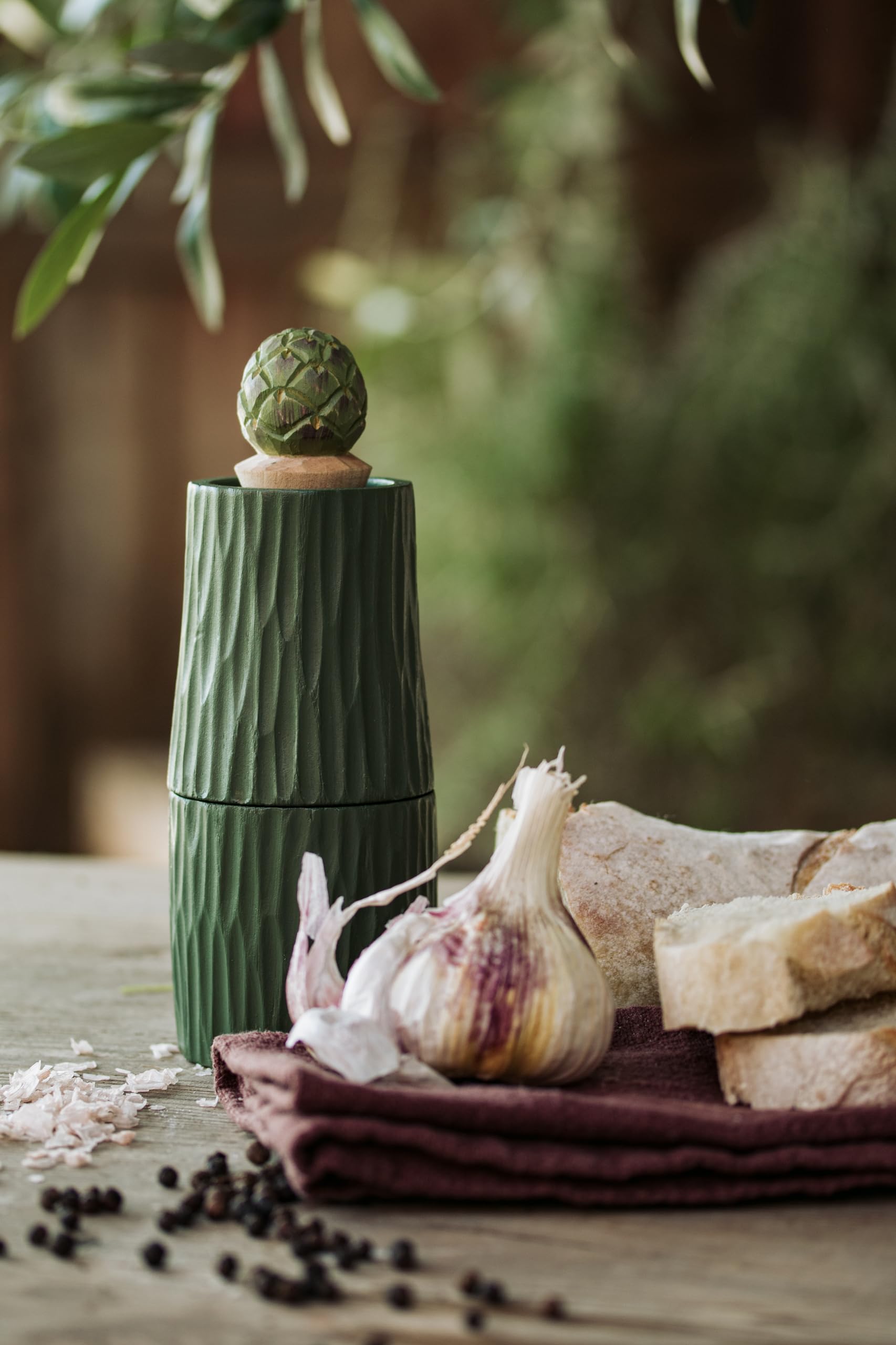 Wildlife Garden Salt & Pepper Mill Artichoke Green (WG5014) - Chip-Carved Wooden Mill with Hand-Carved top - Image 2