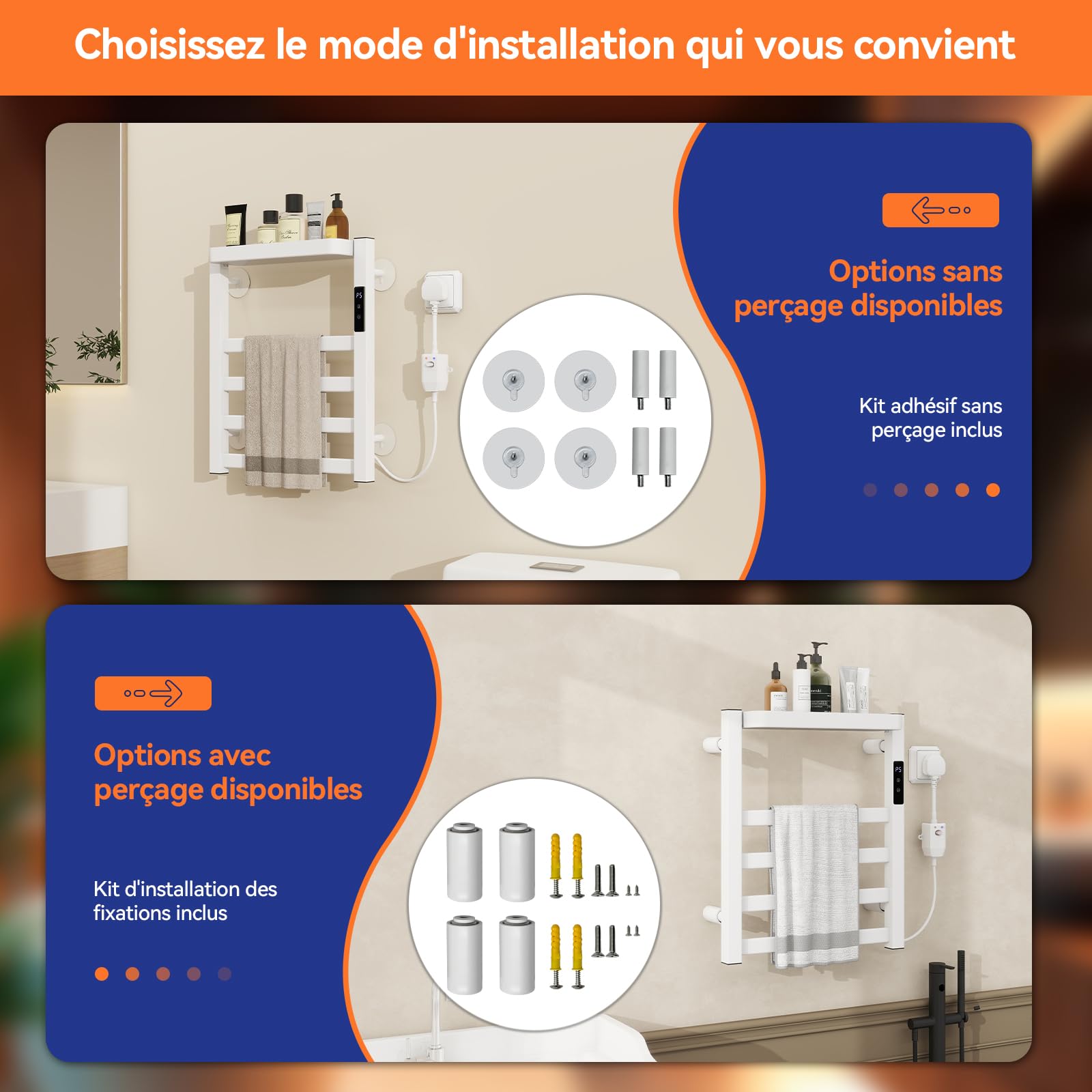 YU YUSING Sèche-Serviettes Électrique 4 Barres 1 Étagère 40x47cm, Minuterie, Réglage Température 6 Niveaux, en Aluminium, Porte-Serviettes Chauffant Mural, Étanche IPX4, Salle de Bain,sans Perçage