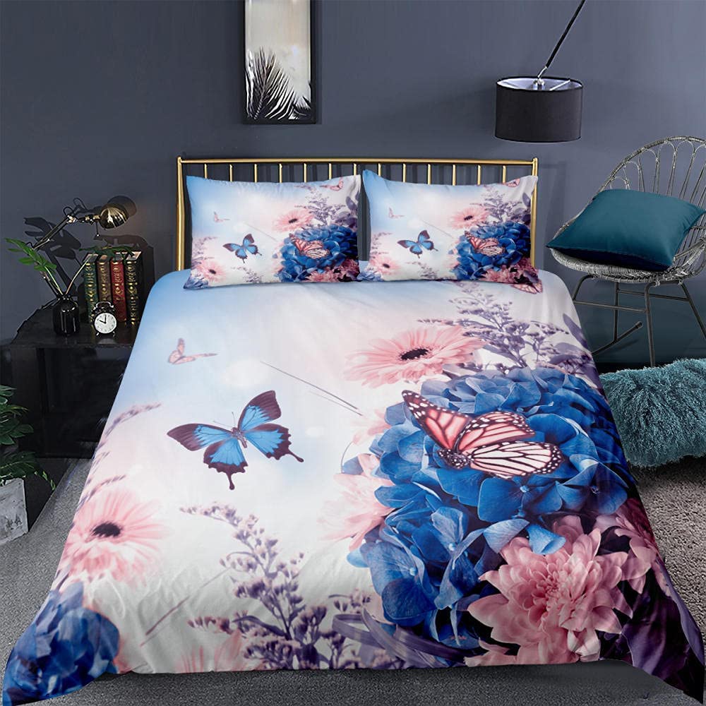 Couette 240x260 Cm Dozrmey Prestige - Imprimé Papillon Bleu, Microfibre Et Remplissage Coton | Ensemble 3 Pièces Pour Lit King Size