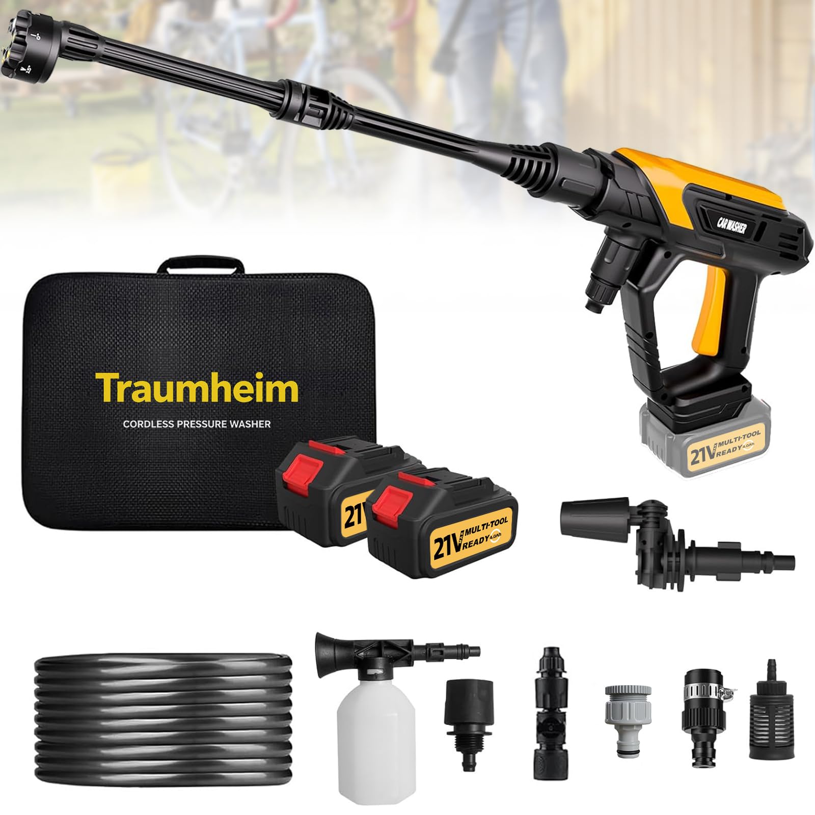 Hidrolimpiadora de Alta Presion 21V/68Bar/990PSI - 2X Batería 4000mAh - Set Completo 17 Piezas - Limpiadora Portátil Multiusos para Coche, Terraza, Jardín