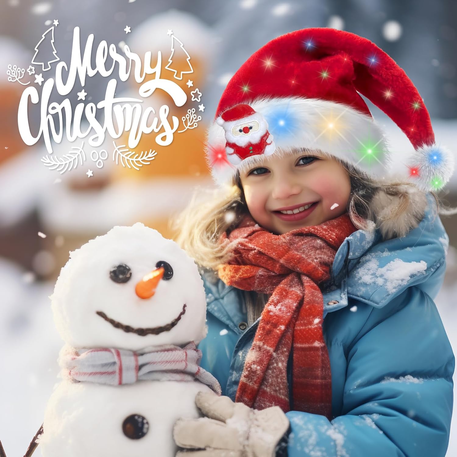 Light Up Christmas Hat for Kids LED Santa Hat Kid Red Plush Xmas for Adults Party Supplies