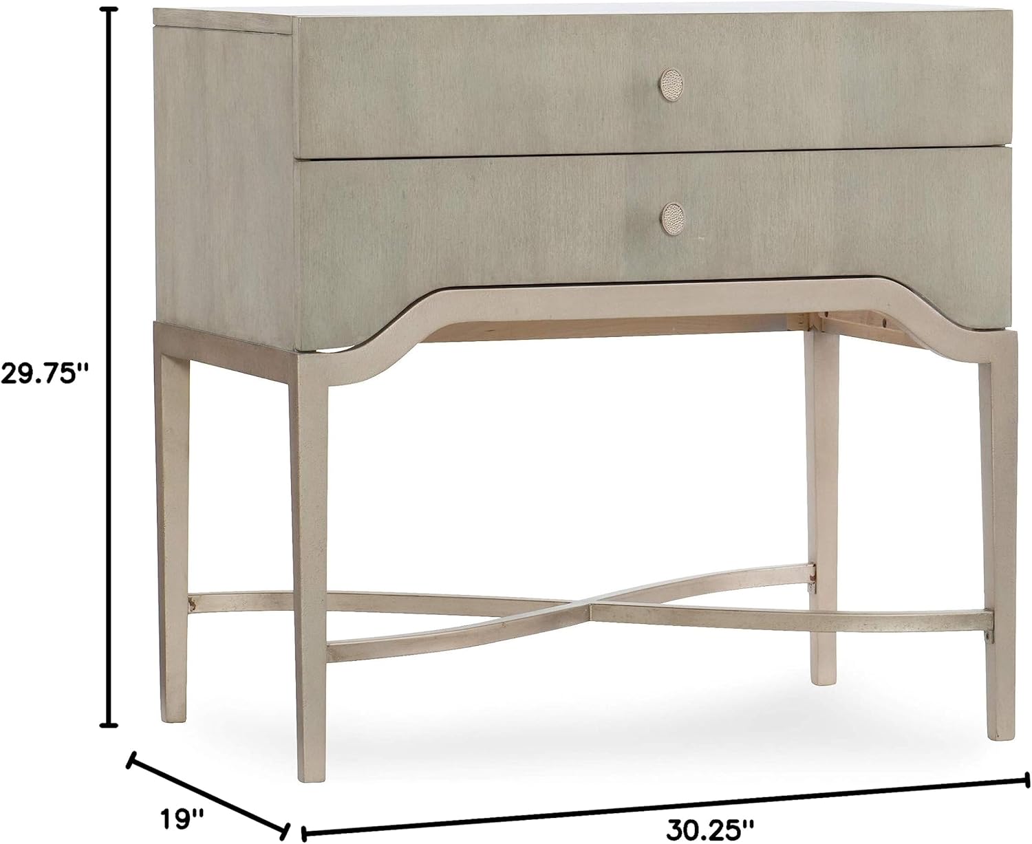 Hooker Furniture Elixir 30" x 19" Contemporary Wood Nightstand with 2 Drawers, Metal X-Stretcher, in Natural & Champagne Silver Finish