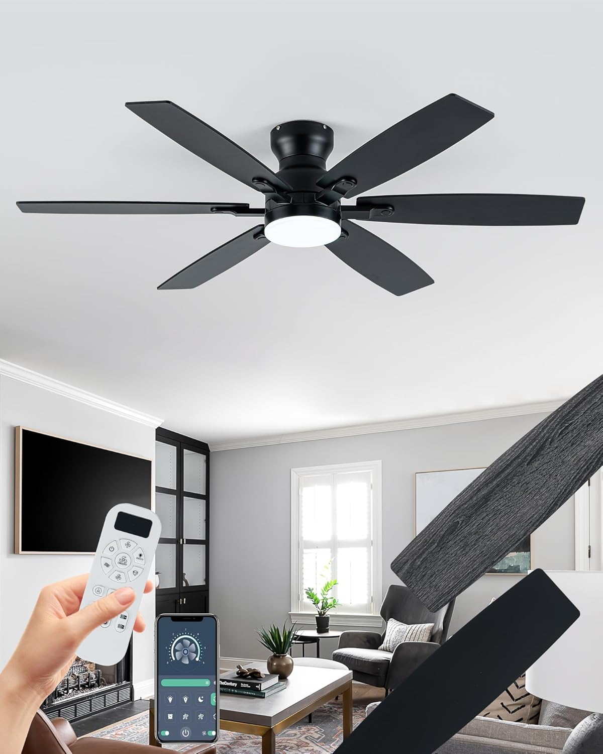 Coolwind 52" Ceiling Fan with Light, Black 6 Double-Side Blades and App/Display Remote Control, 6 Speed Reversible DC Motor, 3CCT Dimmable Led Flush Mount Ceiling Fan for Bedroom Indoor/Outdoor Use