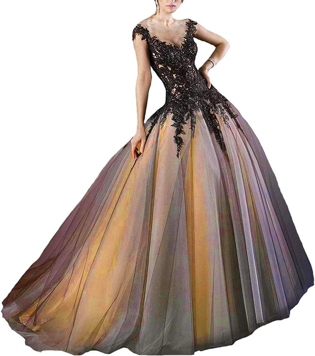 Women Gothic Dropped Ball Gown Wedding Dress Long Black Lace Prom Dress