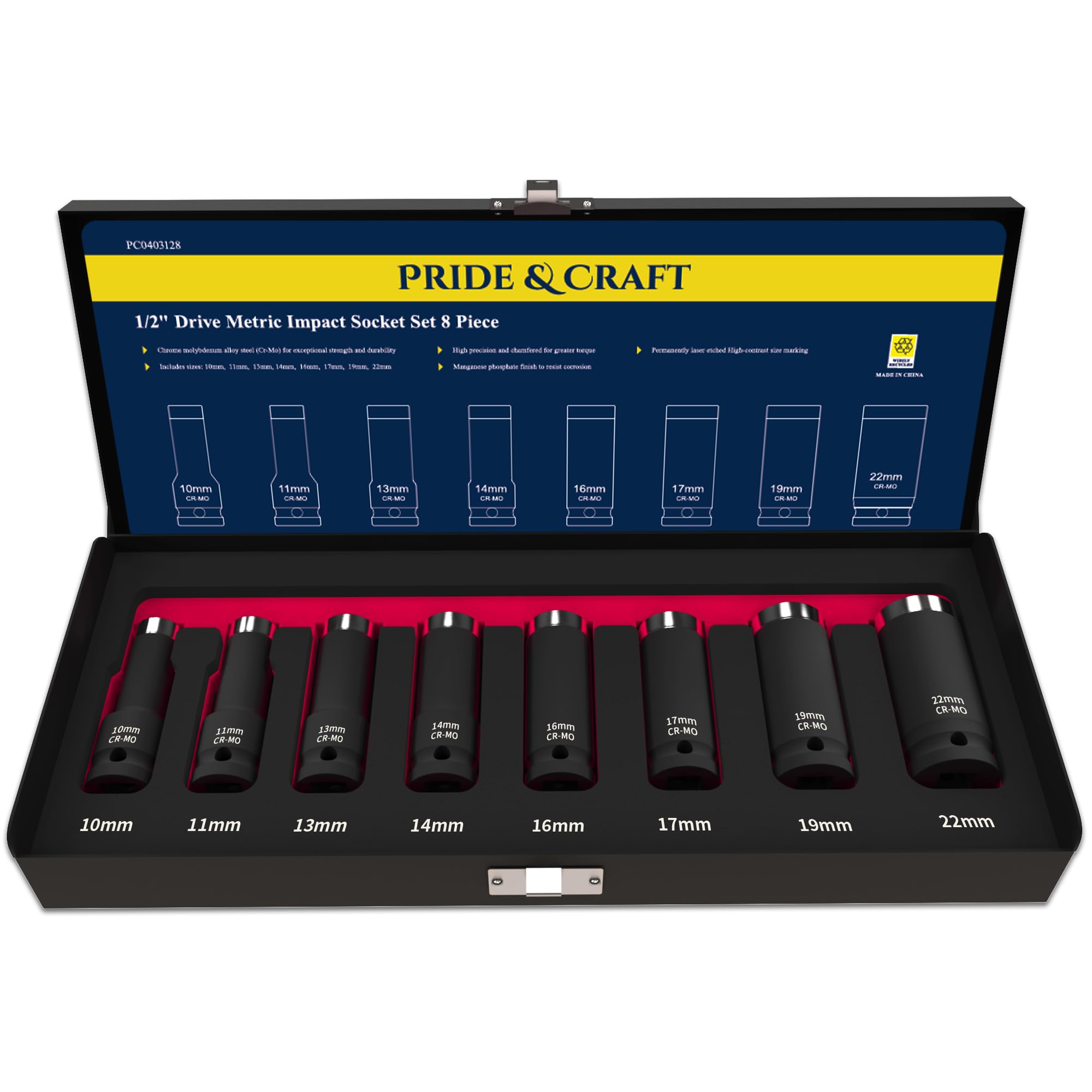 PRADE&CARFT - Juego de llaves de impacto métricas de 1,27 cm, 8 piezas