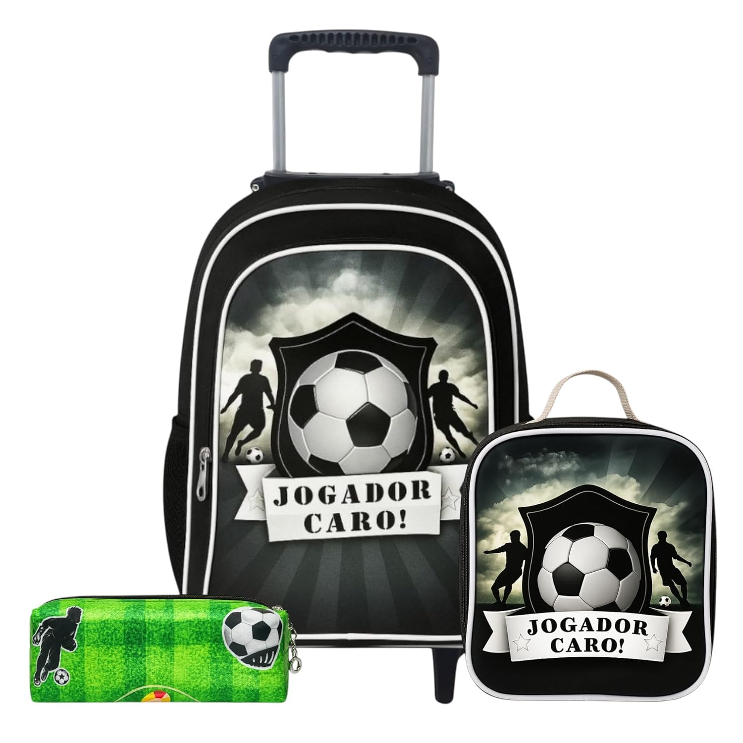 Kit Mochila de Rodinha Escolar Masculino Infantil Menino + Lancheira + Estojo Grande Futebol