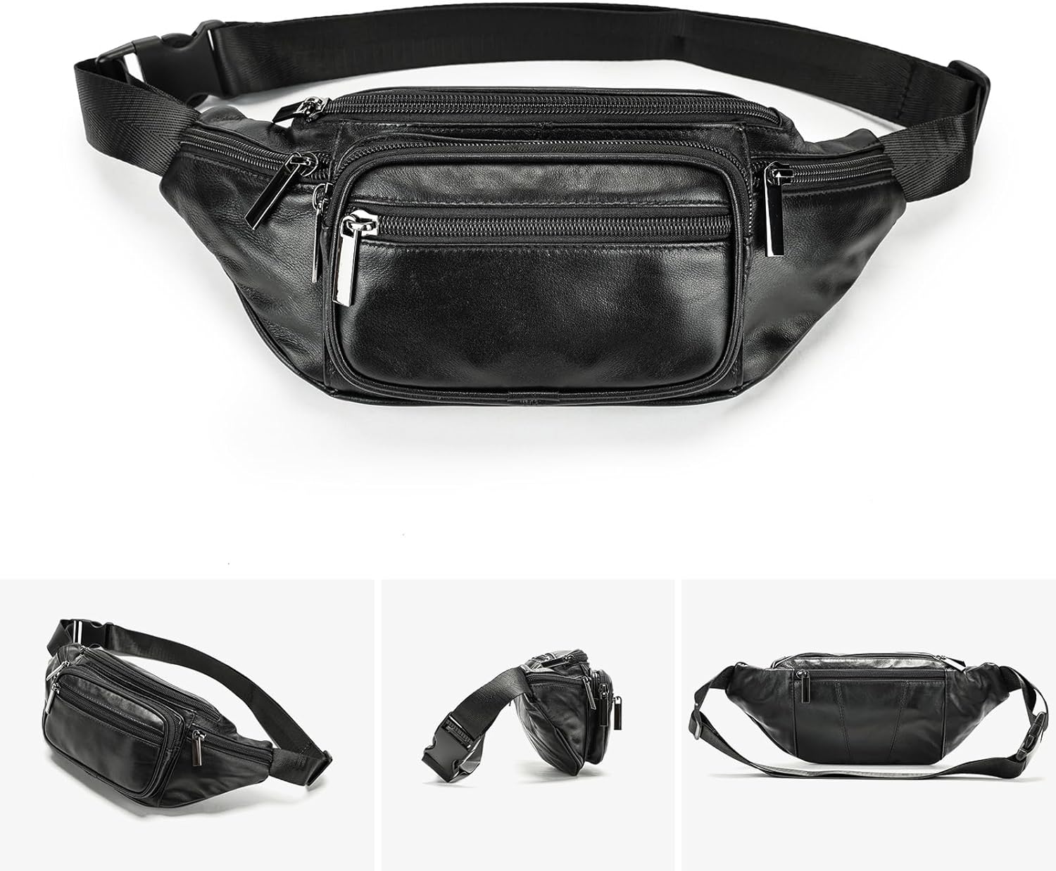 Genuine Leather Fanny Pack Men Women Multi-Pockets sling Waist Bag For Travel Sports Hiking Cycling Fishing Running Black Small - Image 6