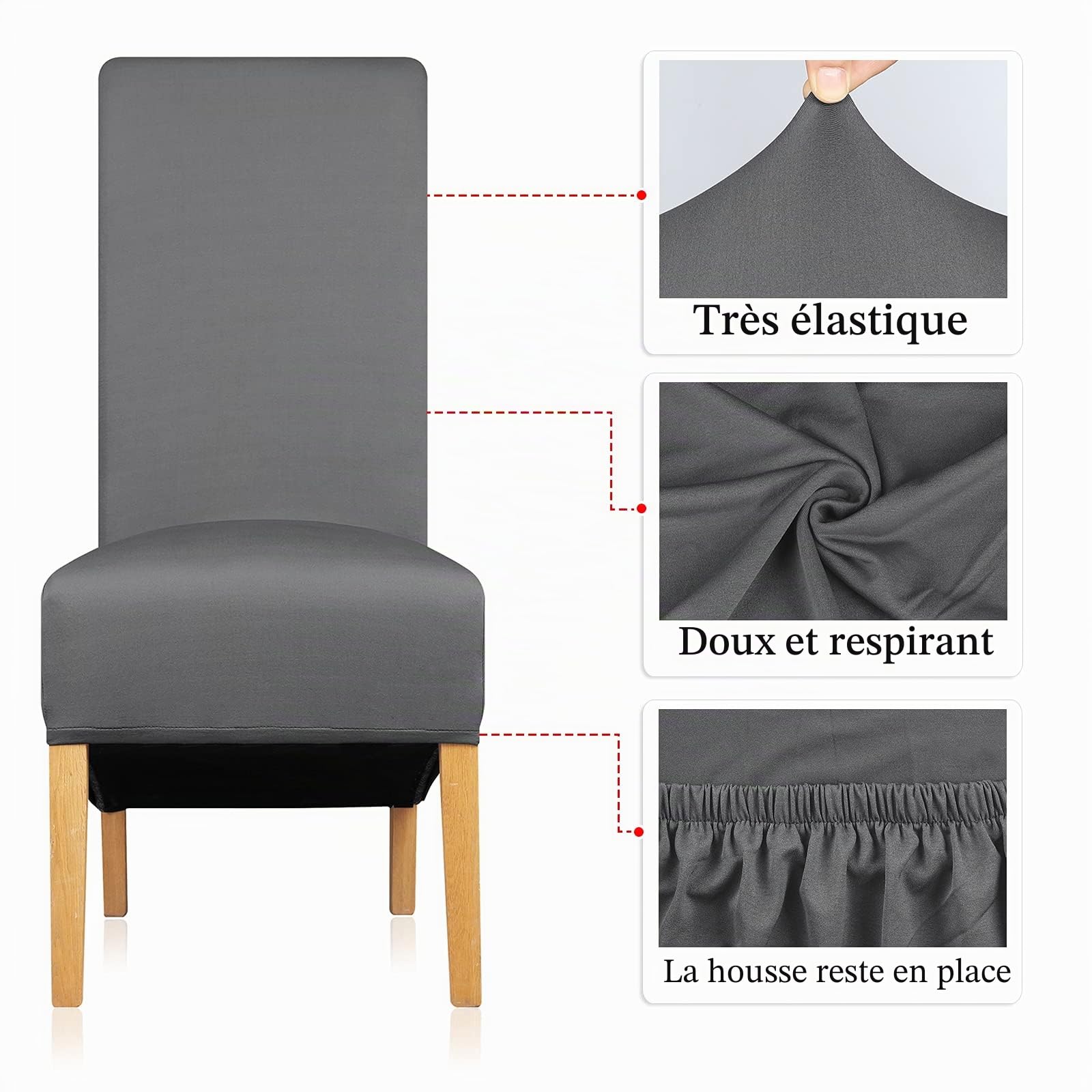 Housses de Chaise à Dossier Haut Extensibles Tissu Spandex Élastique Housse de Chaise Housse de Siège Housse Amovible pour Maison Salle à Manger Cuisine Hôtel Gris Foncé 6 Pièces