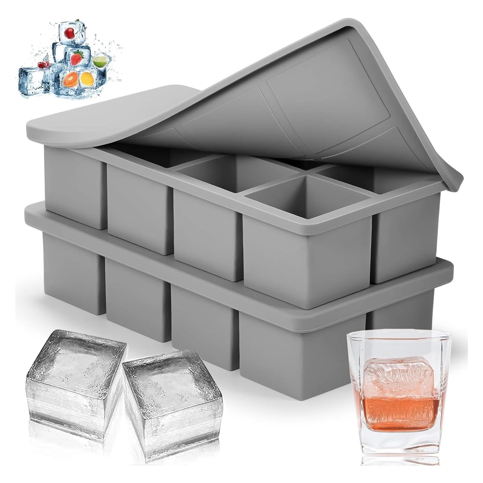 Juego de 4 bandejas de silicona for cubitos de hielo con tapas, moldes cuadrados grandes for hacer hielo, bandejas apilables flexibles for congelador for whisky y cócteles(SET 8grids)