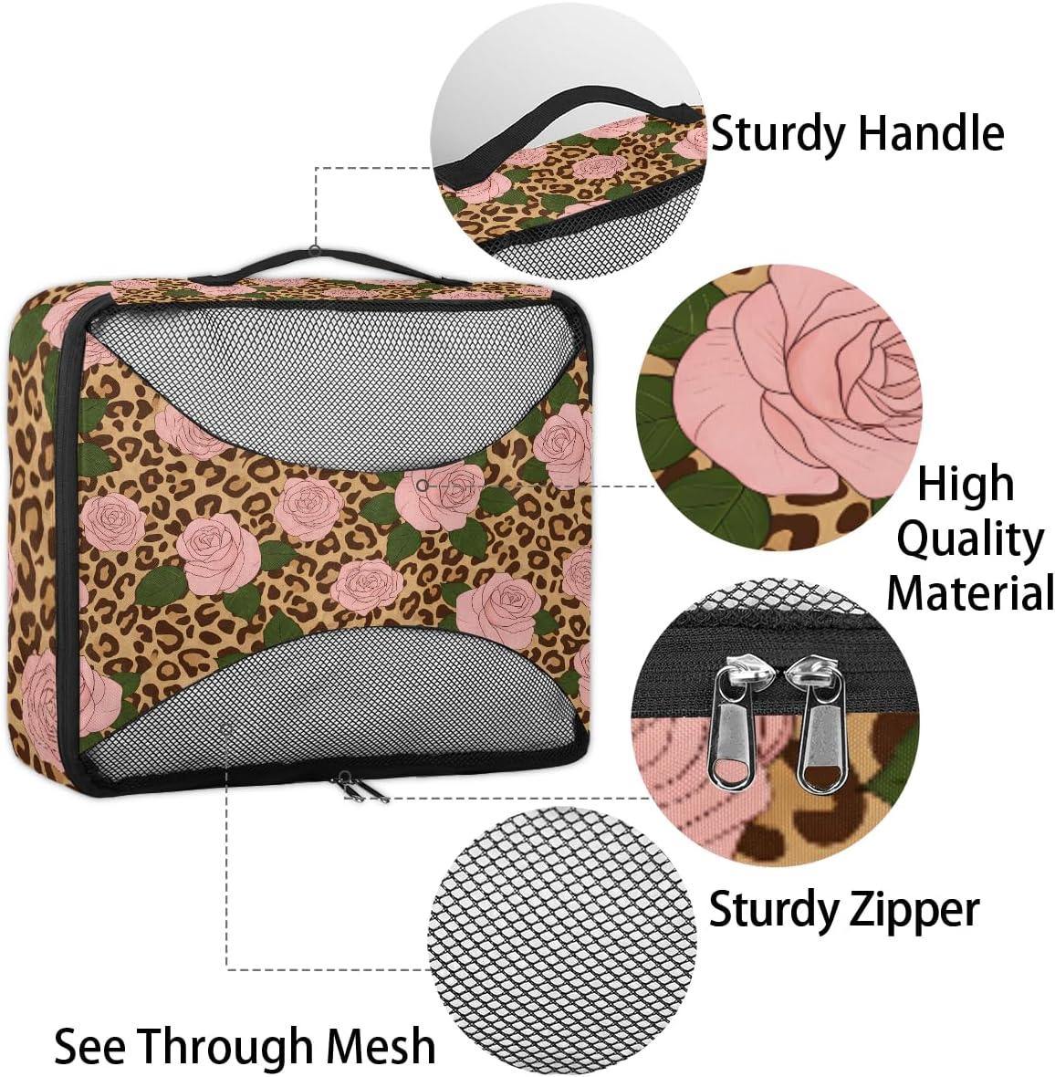 Animal Tiger Leopard Print Rose Flower Packing Cubes 4 Pack Travel Packing Bags Individual Carry on Suitcases Underwear Luggage Mesh Organizer Packing Cubes Set for Travel Bag Backpack