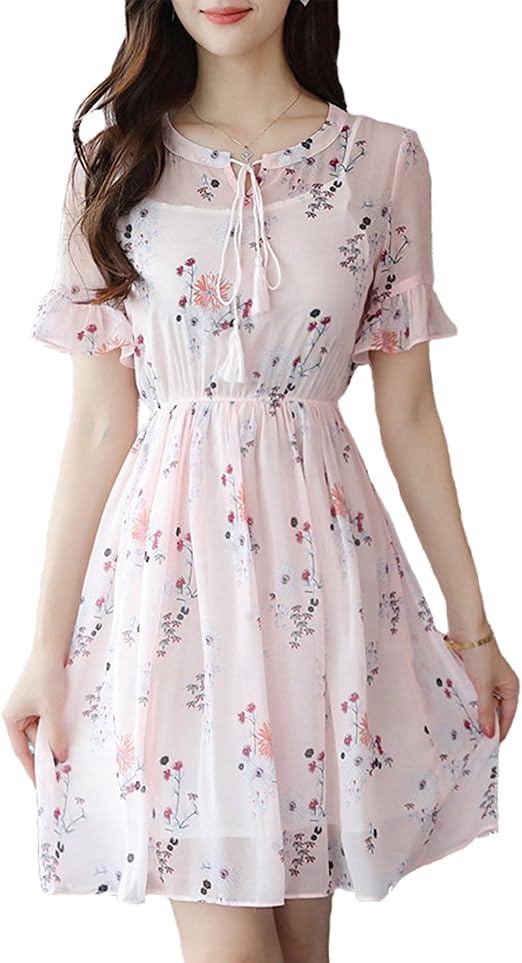 Amazon Assky レディース ワンピース シフォンワンピース 花柄ワンピース 半袖 フリル 膝丈 ハイトウェスト スイート風 ピンク 2点セット S ピンク イブニングドレス 通販