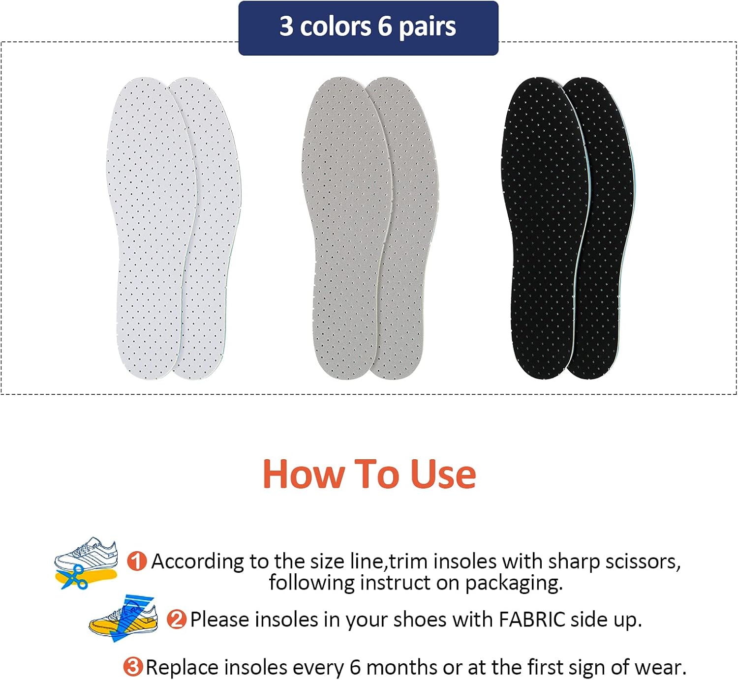 3 Pairs Breathable Shoe Insoles Inserts Ultra-Soft Cushioning Walking Comfort Insoles Double-Layer Latex Foam Perforated Insoles Replacement Insoles for Men 7-11 Woman 2-8 (White, Black, Grey) : Health & Household