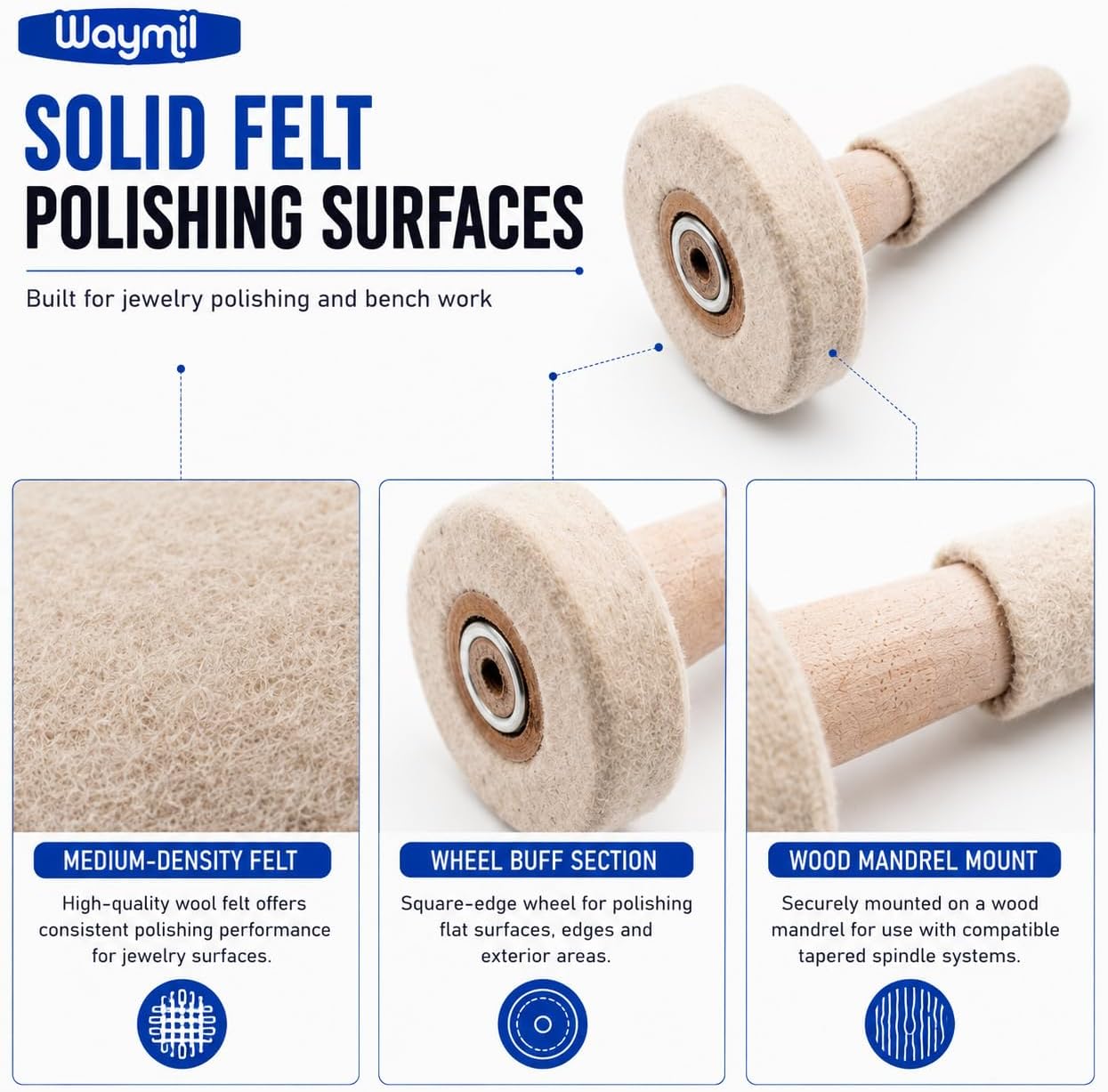 Inside Ring & Bracelet Combination Felt Buff, Solid Wool Felt Polishing Buff with Wheel and Tapered Ring Section, Wood Mandrel Jewelry Buffing Tool for Ring and Bracelet Polishing image 4