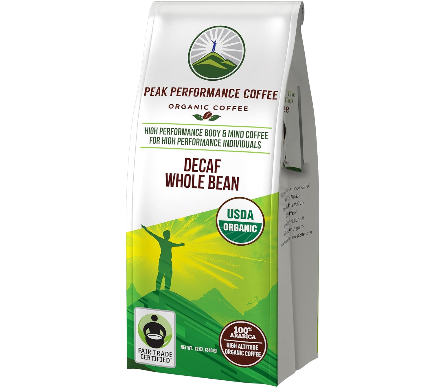 Peak Performance High Altitude Organic Decaf Coffee. Fair Trade, Low Acid, Non GMO, Beans Full Of Antioxidants. Medium Roast Smooth Tasting USDA Certified Organic Decaffeinated Whole Bean Coffee Bag