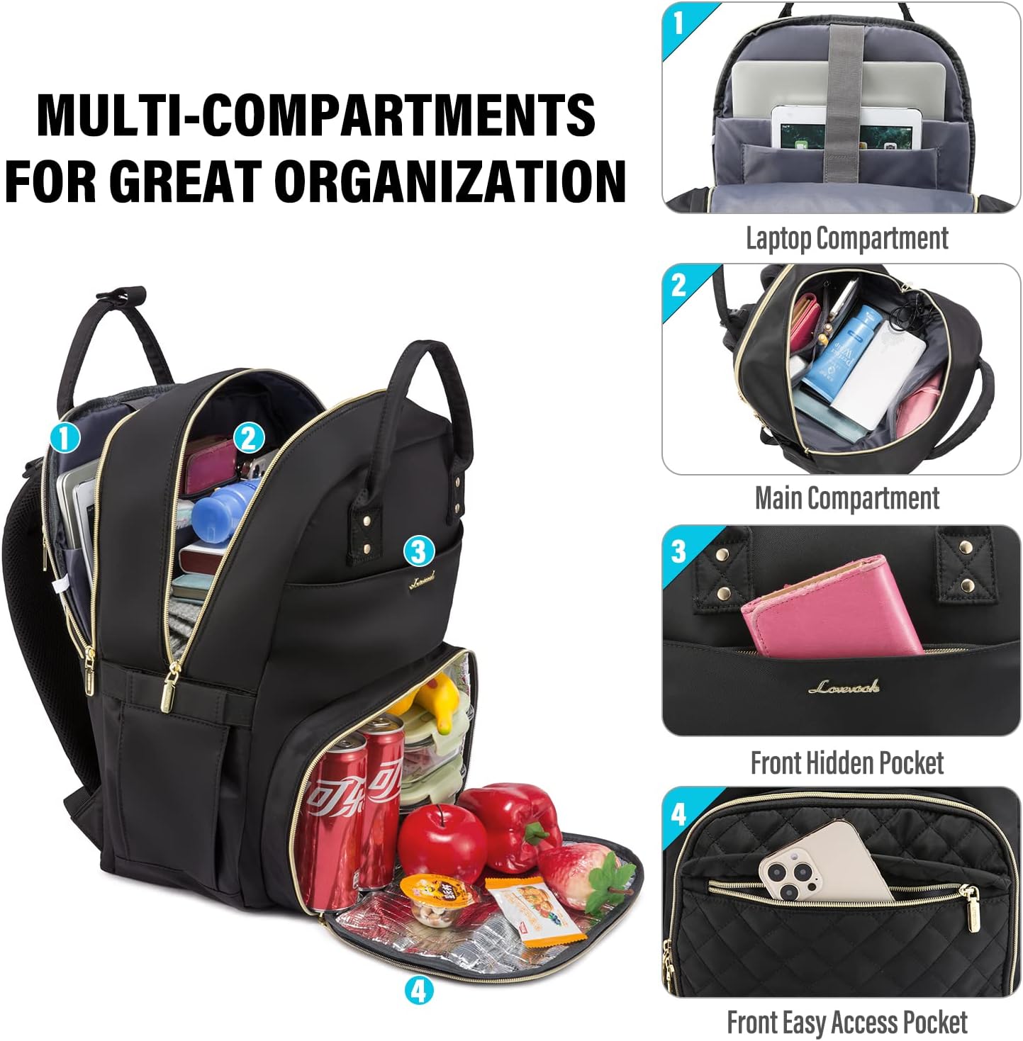 LOVEVOOK Lunch Backpack Insulated Cooler Backpack, Waterproof Laptop Backpack Vintage Work Lunch Box Bag Fashion Backpack Stylish Travel Bag for Women, Fit 15.6 Inch Computer