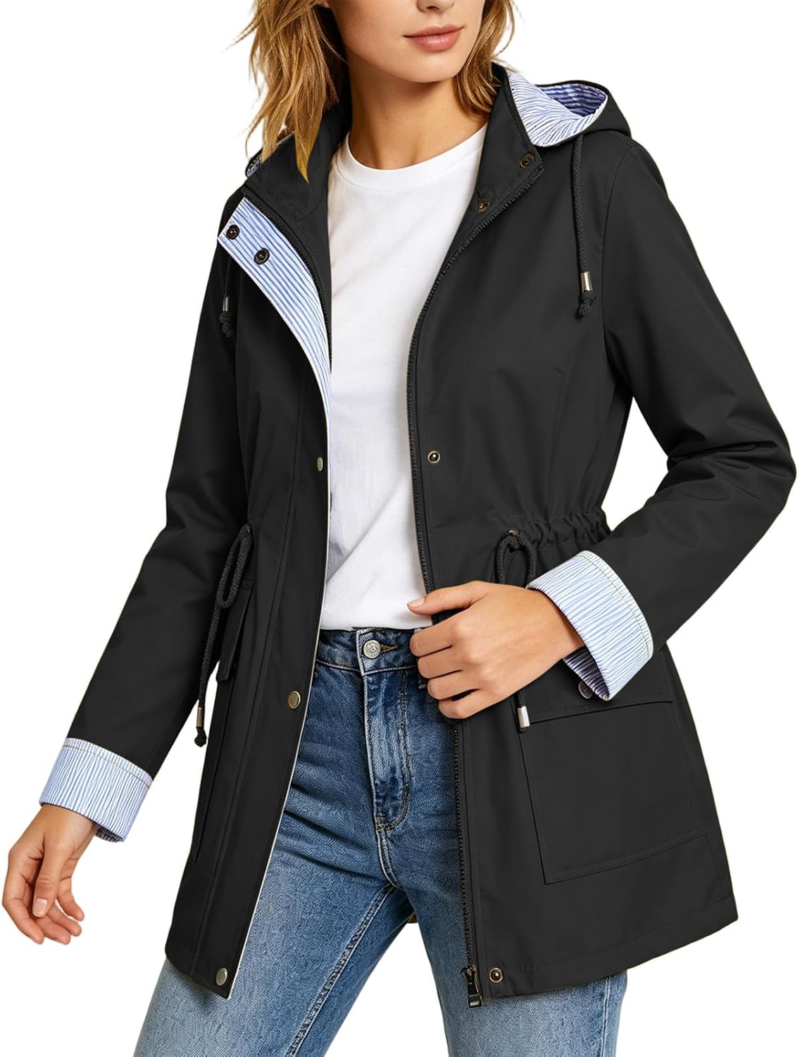 Women Mid Length Trench Coat Striped Lined Waterproof Hooded Jacket Drawstring Waist Zip Snap Front Outdoor Jackets