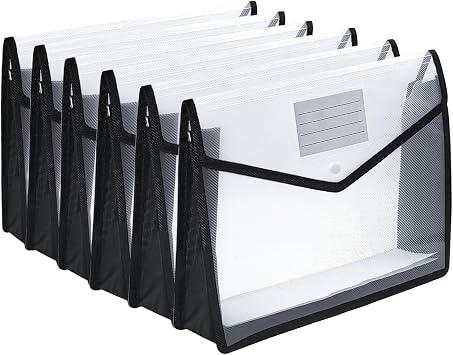 Plastic Expanding File Folder,Envelope Folders for Documents, File Folder Organizer Holder with Snap Closure,Waterproof Transparent File Folder,Large Capacity, Fit Letter/A4 Size Black-6 Pack