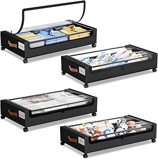 Yecaye 4 Pack Under Bed Storage with Wheels, Under Bed Storage Containers with Lids, Large Under Bed Rolling Storage with Clear Window & Label, Rolling Drawers for Clothes, Blankets, Books