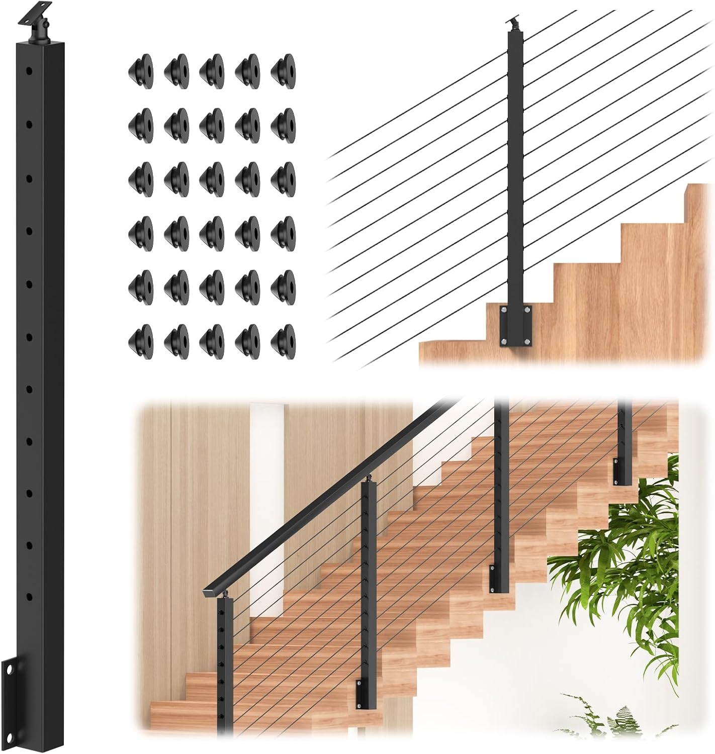 CKE Black Side Mount Stair Cable Railing Post 36 Inch (Post 44"x2"x2") for 25-35 Degrees Stair Railing, Right Side Space-Saving Stainless Steel Cable Railing System Kit Stair Post Indoor Outdoor SP03