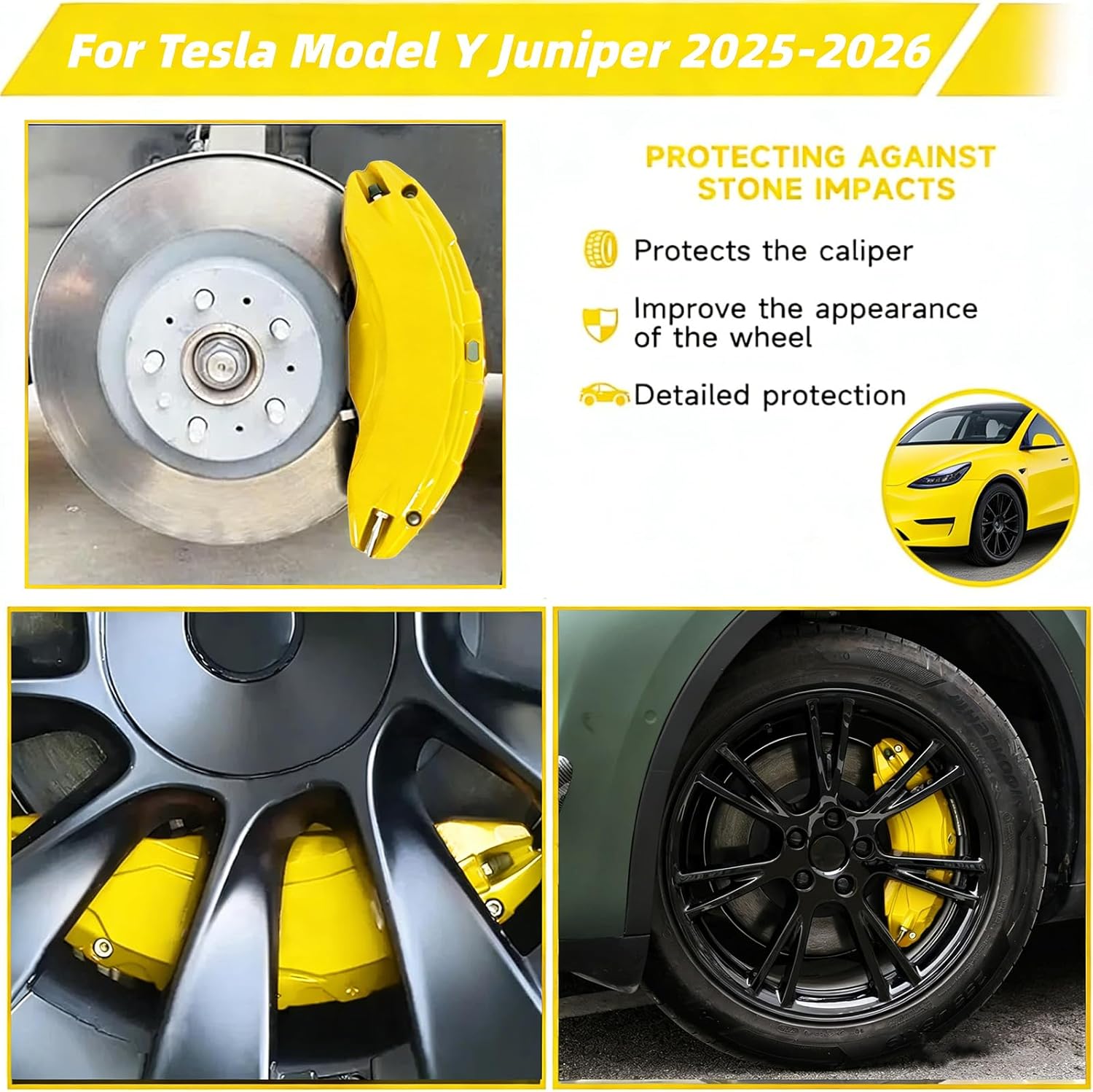 Brake Caliper Covers For Tesla Model Y Juniper 2025-2026，19 20 Inch Wheel Front and Rear Brake Caliper Covers 4 Pcs For Model Y Juniper Accessories (Yellow)