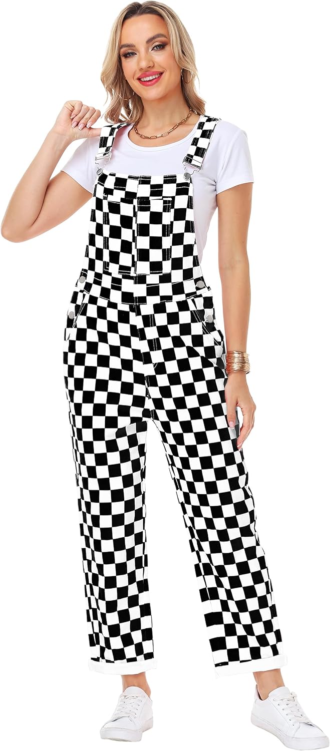 Womens Checkered Bibs Overalls Cotton Denim Coveralls Stretch Jeans Jumpsuit - Image 5
