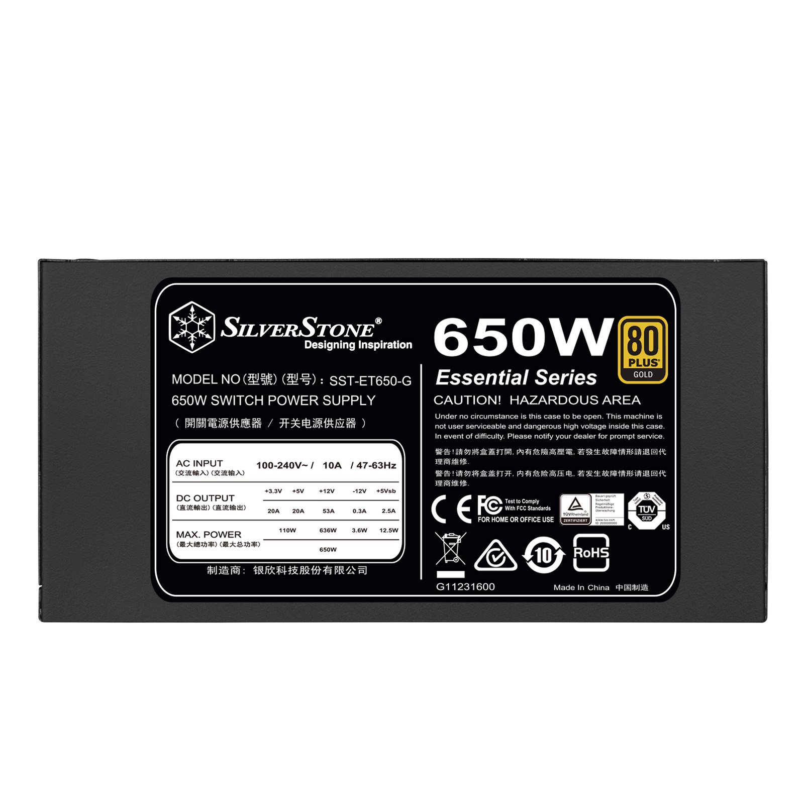 SilverStone SST-ET650-G v1.2 – Strider Essential Serie, 650 W 80 Plus Gold ATX cichy zasilacz PC z wentylatorem 120 mm, dwa 8-pinowe EPS z obsługą wielu 8- / 6-stykowych złączy PCI-E