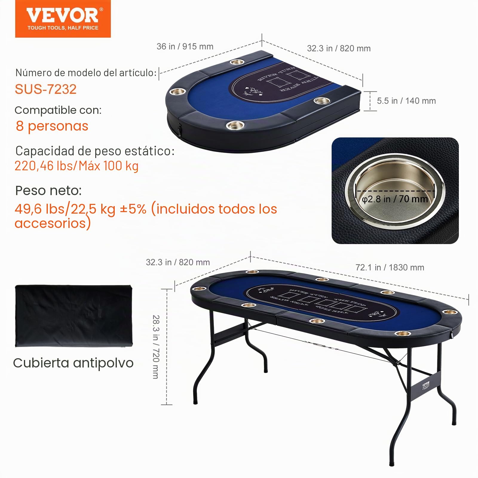 VEVOR Mesa de Póquer Plegable de 72 Pulgadas para 8 Jugadores - Casino Texas Holdem Blackjack con Rieles Acolchados y Portavasos de Acero Inoxidable - Mesa de Juego de Cartas