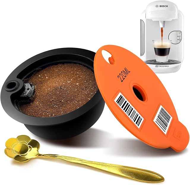 Tassimo Reusable Pods, Reusable Tassimo Pods for Bosch Tassimo Machine, Reusable Coffee Pods Tassimo with Slicone Lid 220ml Readable Barcode, Tassimo Refillable Pods
