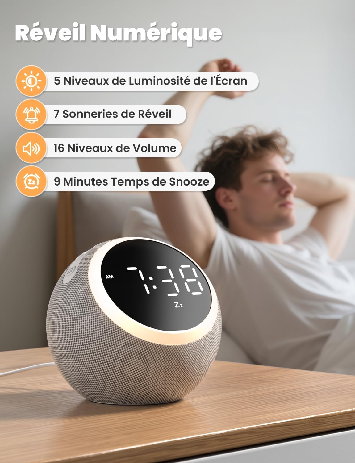 Image of the LIORQUE SM-01 on a bedside table with a person stretching in the background, illustrating the digital alarm clock features.