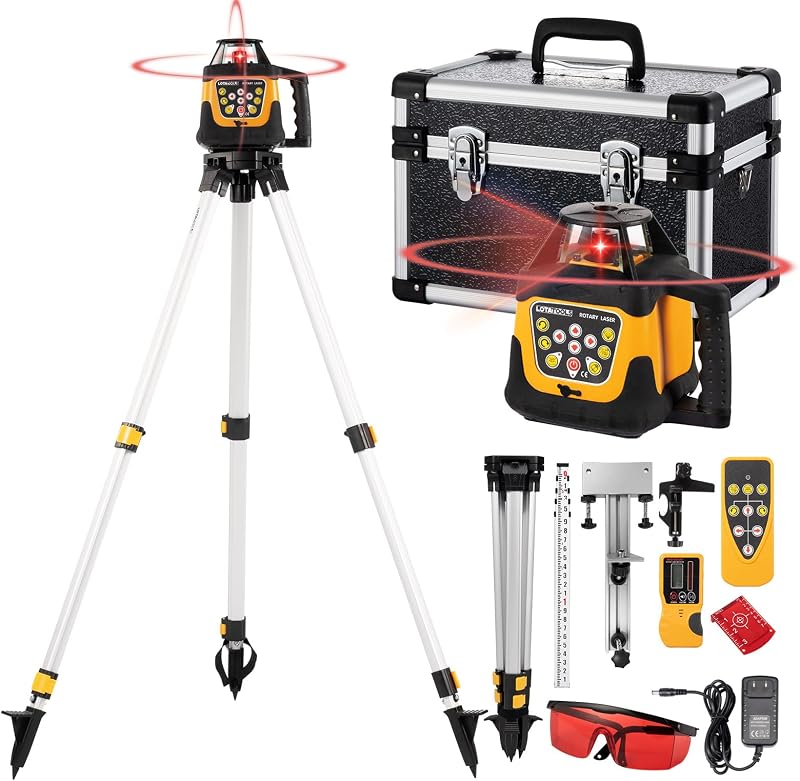 Self-Leveling 0.11"/100' Rotary Laser, 2000' Rotary Laser Level Kit, IP66 with Aluminum Tripod, Grade Rod for Grading