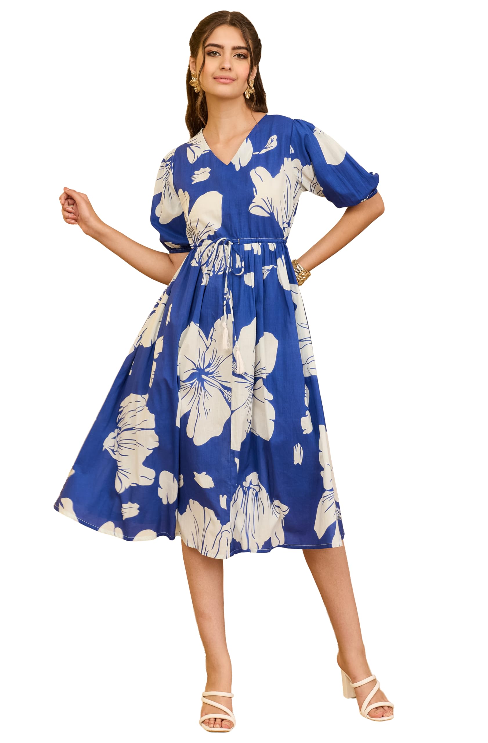 janasya Women's Royal Blue Pure Cotton Floral Printed Fit & Flare Dress-picture-21