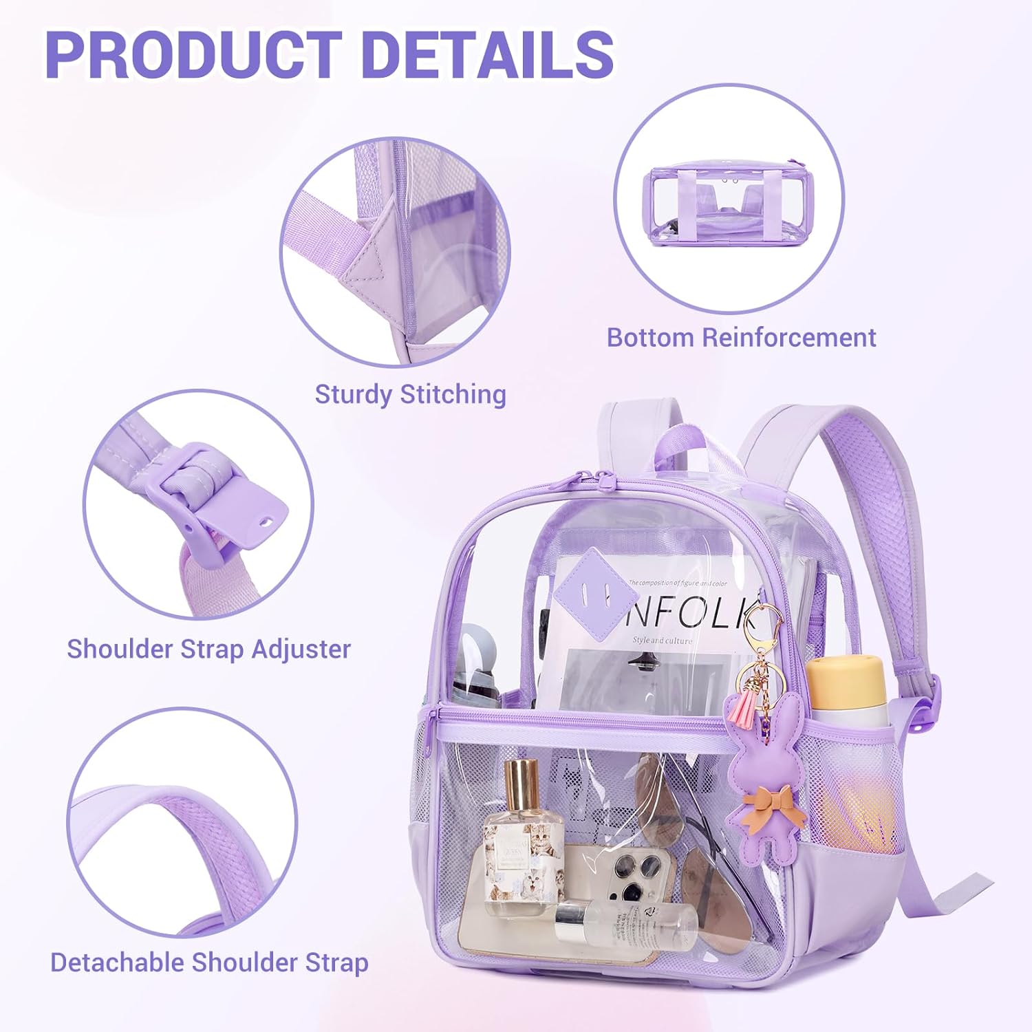 Clear Backpack for Stadium Events Approved 12×6×12, Thick TPU Mini Clear Bag with Front Pocket for Concert Sport Events Work Travel, Purple - Image 4