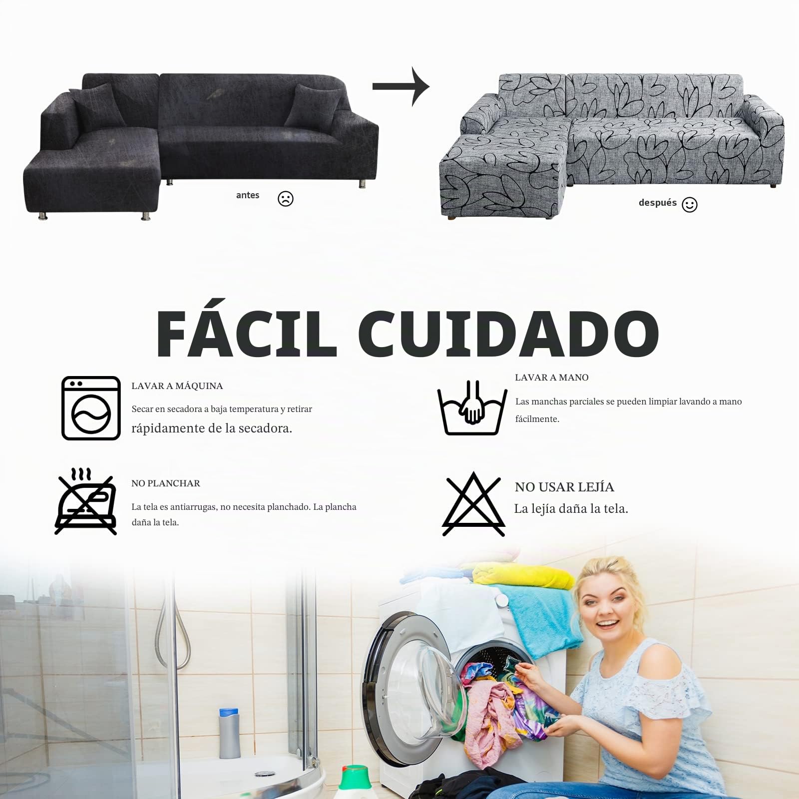 Lydevo Funda para Sofá Chaise Longue 2 Piezas Funda Cubre Sofá de Sofá Rinconera Forma de L Reversible con 2 Fundas de Almohada Elásticas Protector para Sofá Esquinero Derecho Izquierda,Flor Gris