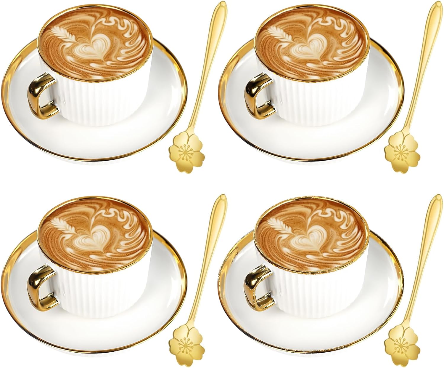 7oz White Gold Ceramic Coffee Mug Set of 4, Latte Mugs with Saucers and Spoons, White Latte Cups and Espresso Mug for Specialty Coffee Drinks, Latte, Cafe Mocha, Tea