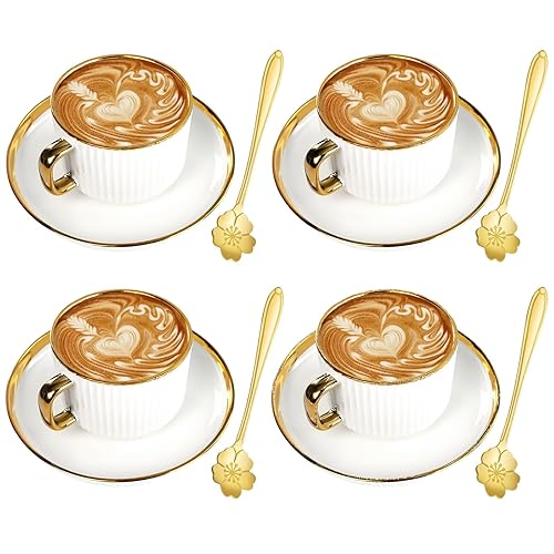 ALIMOTA 7oz White Gold Ceramic Coffee Mug Set of 4,