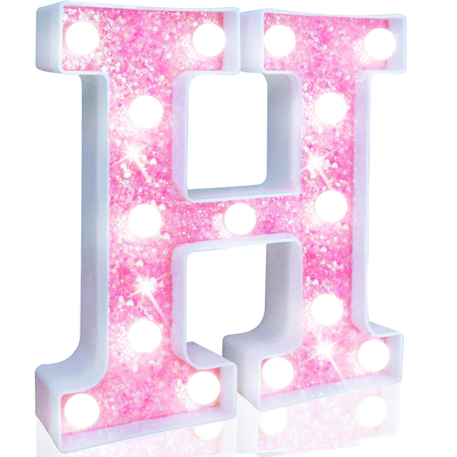 Pooqla LED Marquee Letter Lights, Light Up Letters for Birthday Decorations, Glitter Letter Sign Battery Powered Night Light Pink Party Wedding Christmas Girls Gift Bedroom Dorm Decor, Cool White H