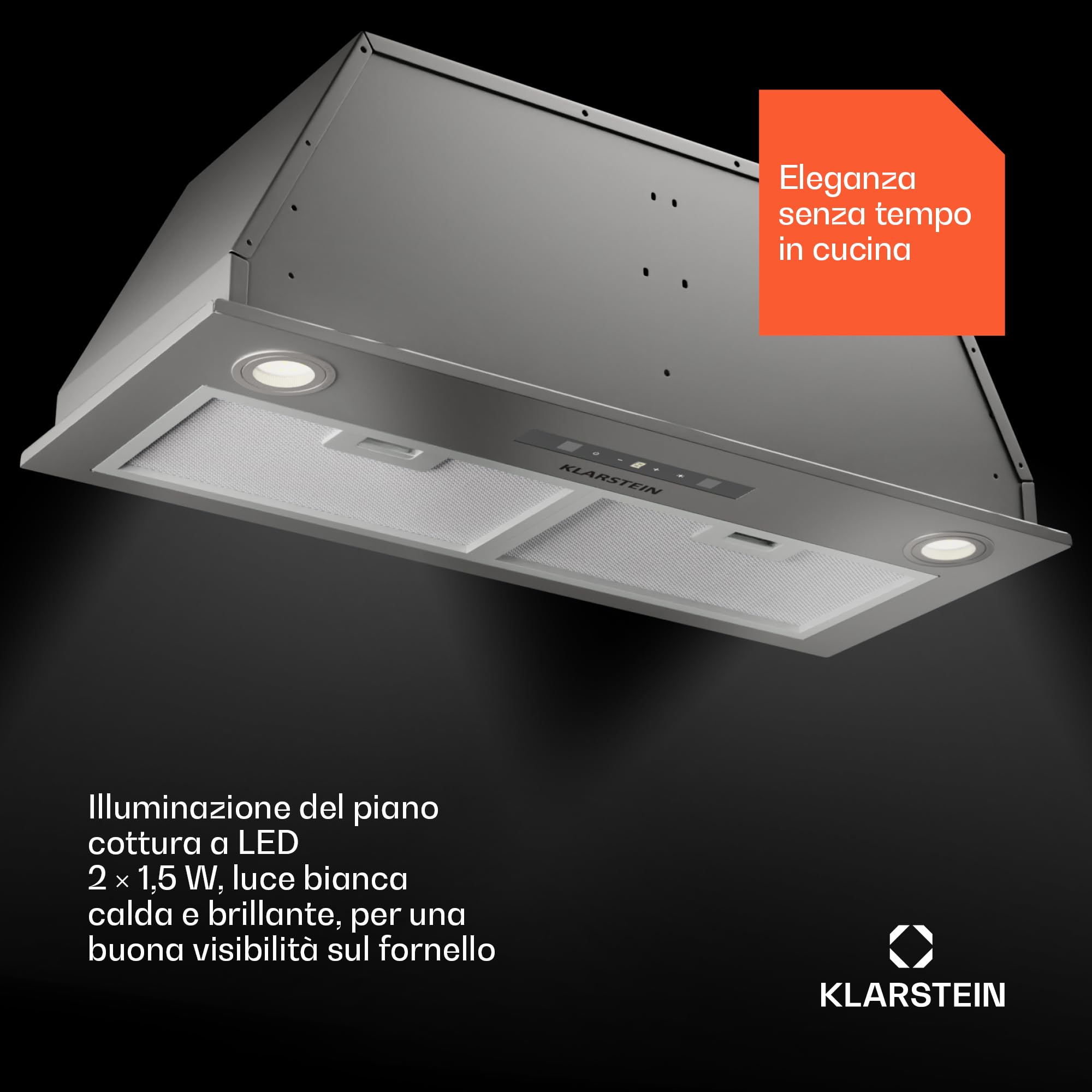 Klarstein Cappa Aspirante a Incasso 52cm, Cappa Cucina con Filtro, Cappa Aspirante Cucina in Alluminio, Cappa Incasso con Flusso d'Aria 439m³/h, Illuminazione LED, Timer, Cappa Aspirante Filtrante