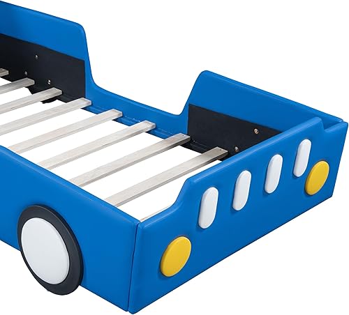 Miniatura 25 de Cama de plataforma clásica en forma de automóvil con ruedas, cama de automóvil de tamaño matrimonial con soporte de listones de madera, marco de