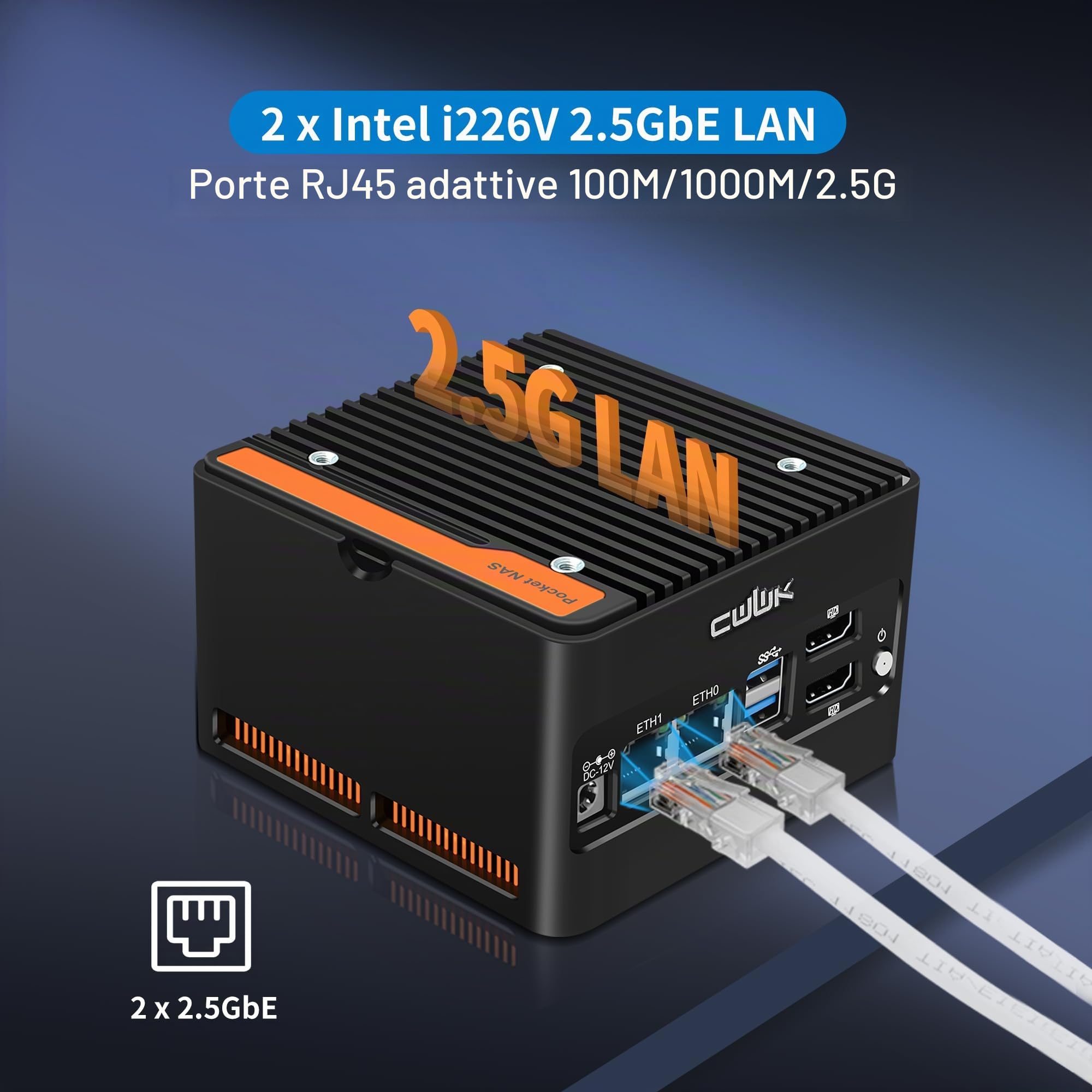 CWWK X86-P6 N355 Mini PC Pocket NAS, 4 Bay M.2 NVMe Mini Computer con 2 x i226-V 2.5GbE LAN, Micro PC Barebone DDR5 NO RAM/SSD/OS, supporto WiFi7/BT5.4 Expandable, 2 display, USB3.2